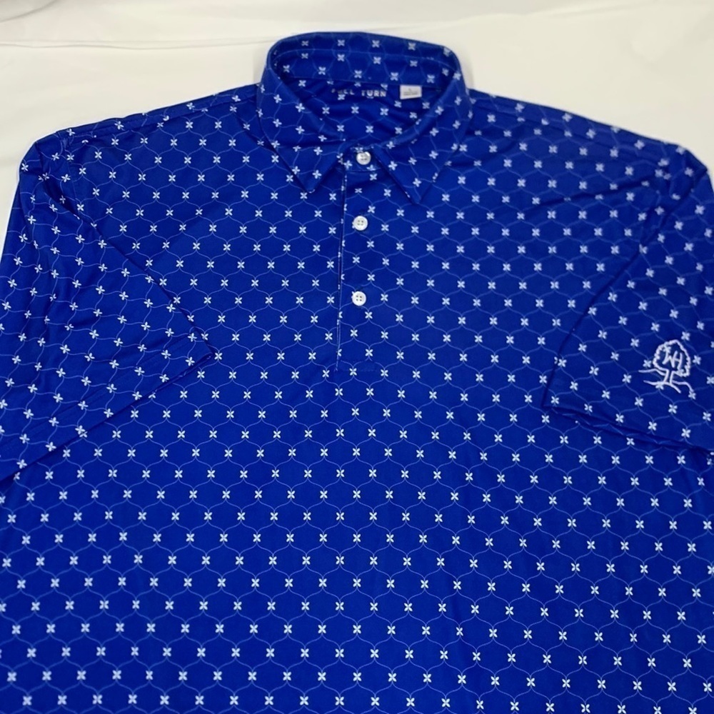 Men Full Turn Blue White Pattern Polo Sleeve Embroidery Size Large